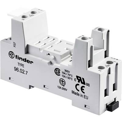 Podstawa gniazda Finder Model 96.02.7, odpowiednia do montażu przekaźników, przedstawia następujące parametry techniczne: 300V, 12A/70°C, oznaczenie CE.