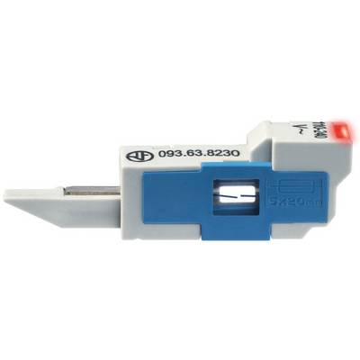 Niebieski wyłącznik automatyczny z obudową z tworzywa sztucznego; białym przełącznikiem; napięciem '400/230 V'; numerem modelu '093.63.8230'.