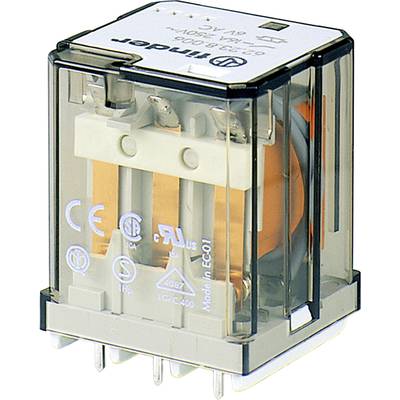 Przezroczyste pudełko z tworzywa sztucznego zawiera przekaźnik elektromagnetyczny z metalowymi stykami. Obudowa przedstawia symbole techniczne i specyfikacje.