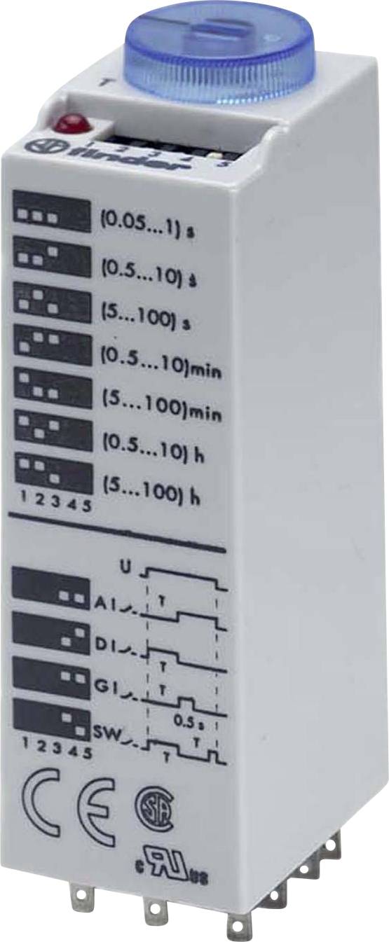Elektroniczny przekaźnik czasowy z wieloma zakresami nastawczymi i zaciskami przyłączeniowymi, stosowany do sterowania procesami przełączania.