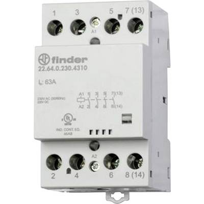 Białe przekaźnikowe złącze modelu Finder 22.64.0.230.4310 z ośmioma zaciskami i oznaczeniami przewodów elektrycznych. Odpowiednie dla obciążenia 63A.