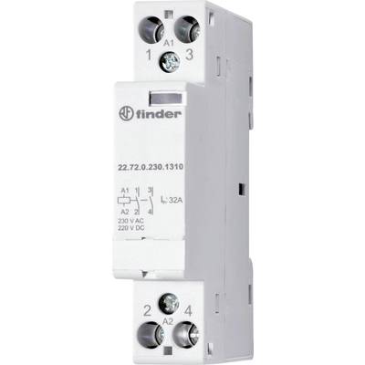 Białe elektromagnetyczne przekaźniki instalacyjne firmy Finder. Posiada złącza górne i dolne, przystosowany do pracy z napięciem 230 V AC oraz 220 V DC.