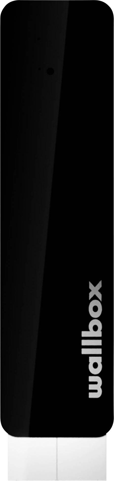 Czarna stacja ładowania naścienna z napisem 'wallbox' na przedniej stronie, elegancki design, odpowiednia dla pojazdów elektrycznych.