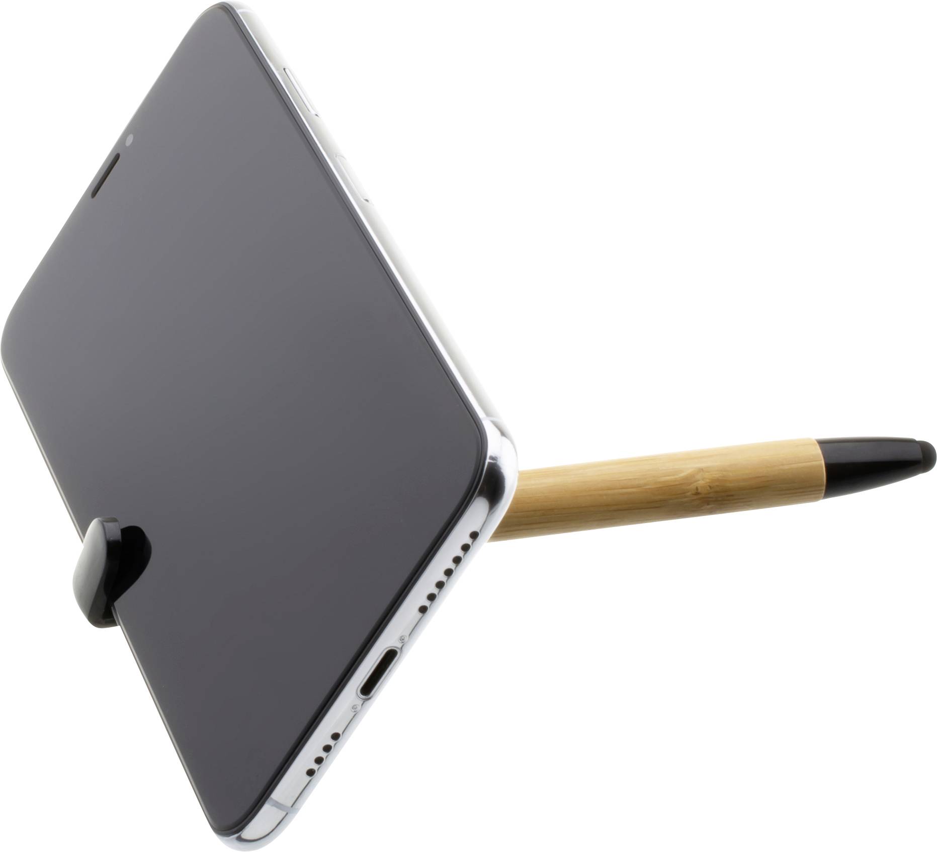 Smartfon z czarnym ekranem, balansujący poziomo na pionowym drewnianym kołku.