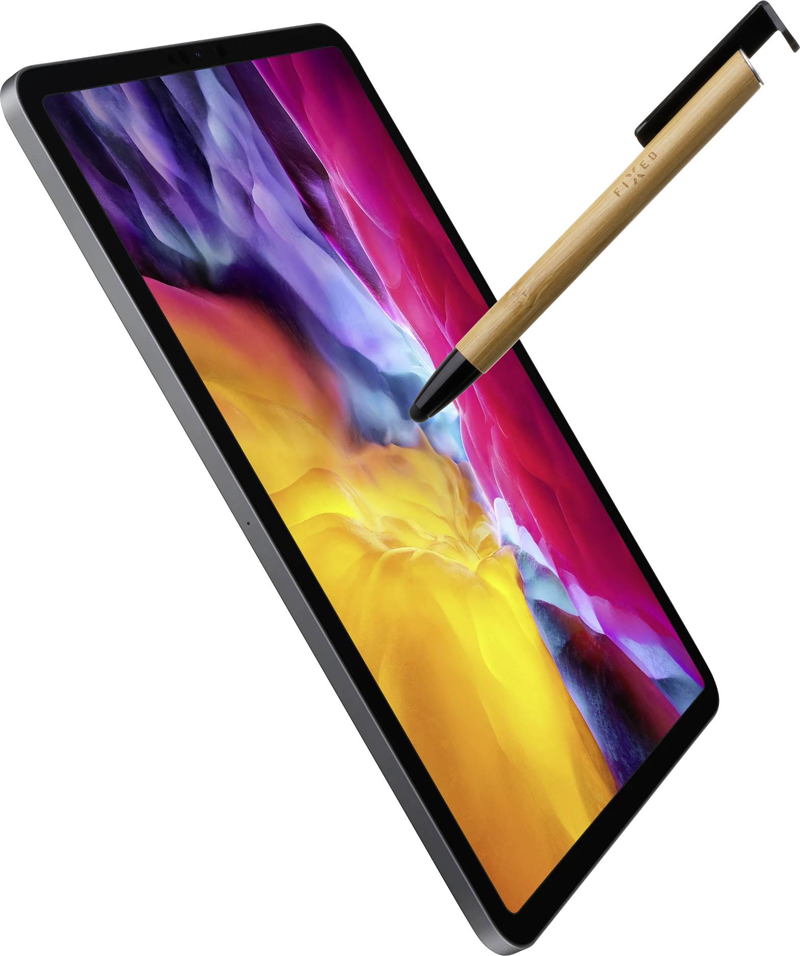 Tablet z kolorowym wyświetlaczem pokazuje gradient kolorów od niebieskiego do żółtego. Brązowy rysik tabletu unosi się w pobliżu ekranu.