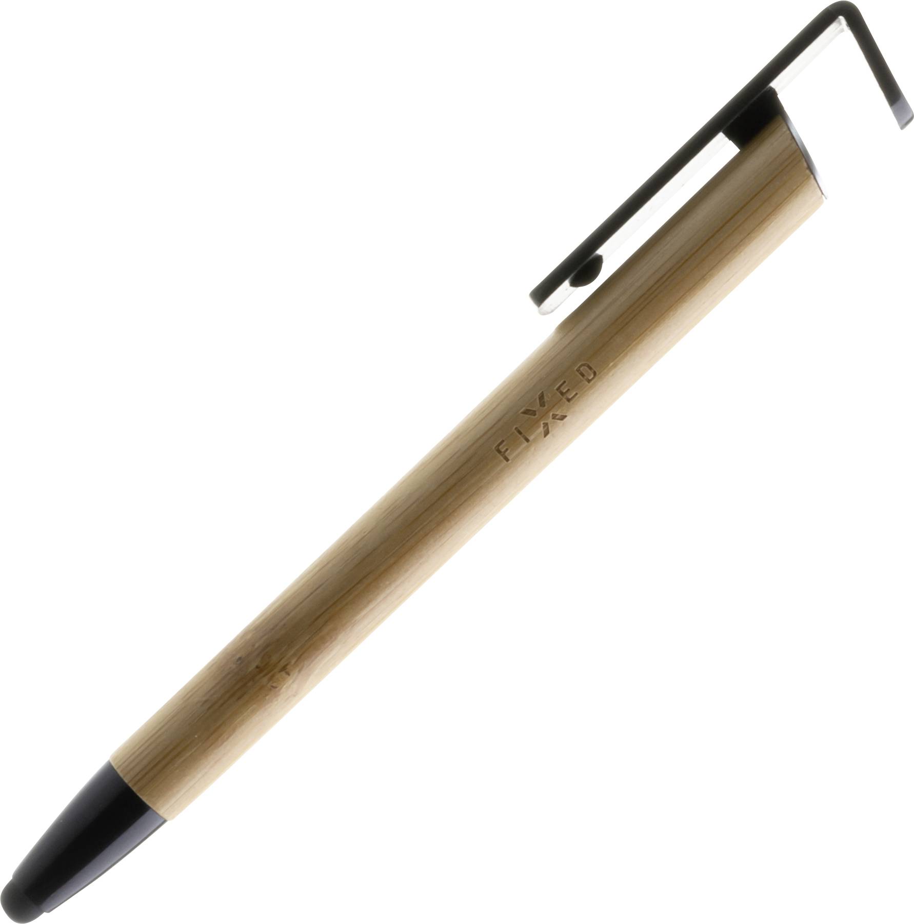 Drewniany długopis z czarnym klipsem i czubkiem, z napisem 'FIXED' pośrodku trzonka.