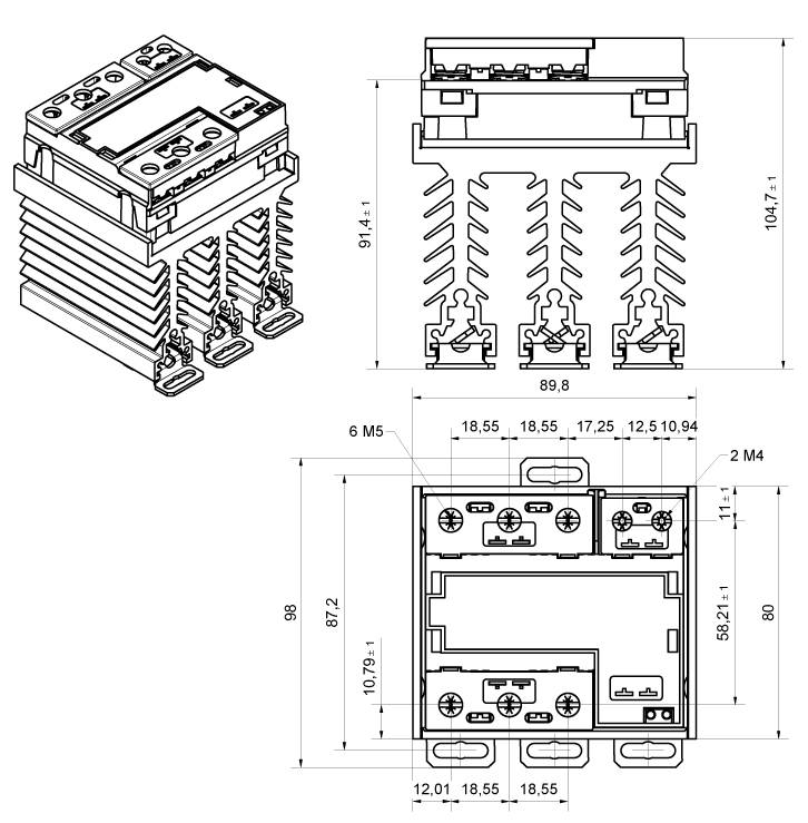 Rysunek techniczny wyłącznika elektrycznego z wymiarami oraz widokami z góry, z boku i z przodu.