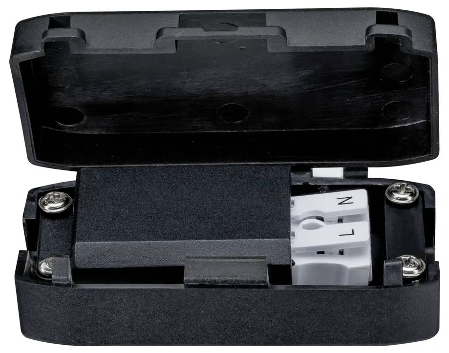 Czarna elektryczna puszka przyłączeniowa, częściowo otwarta, ukazuje wewnętrzne zaciski i śruby do mocowania przewodów.