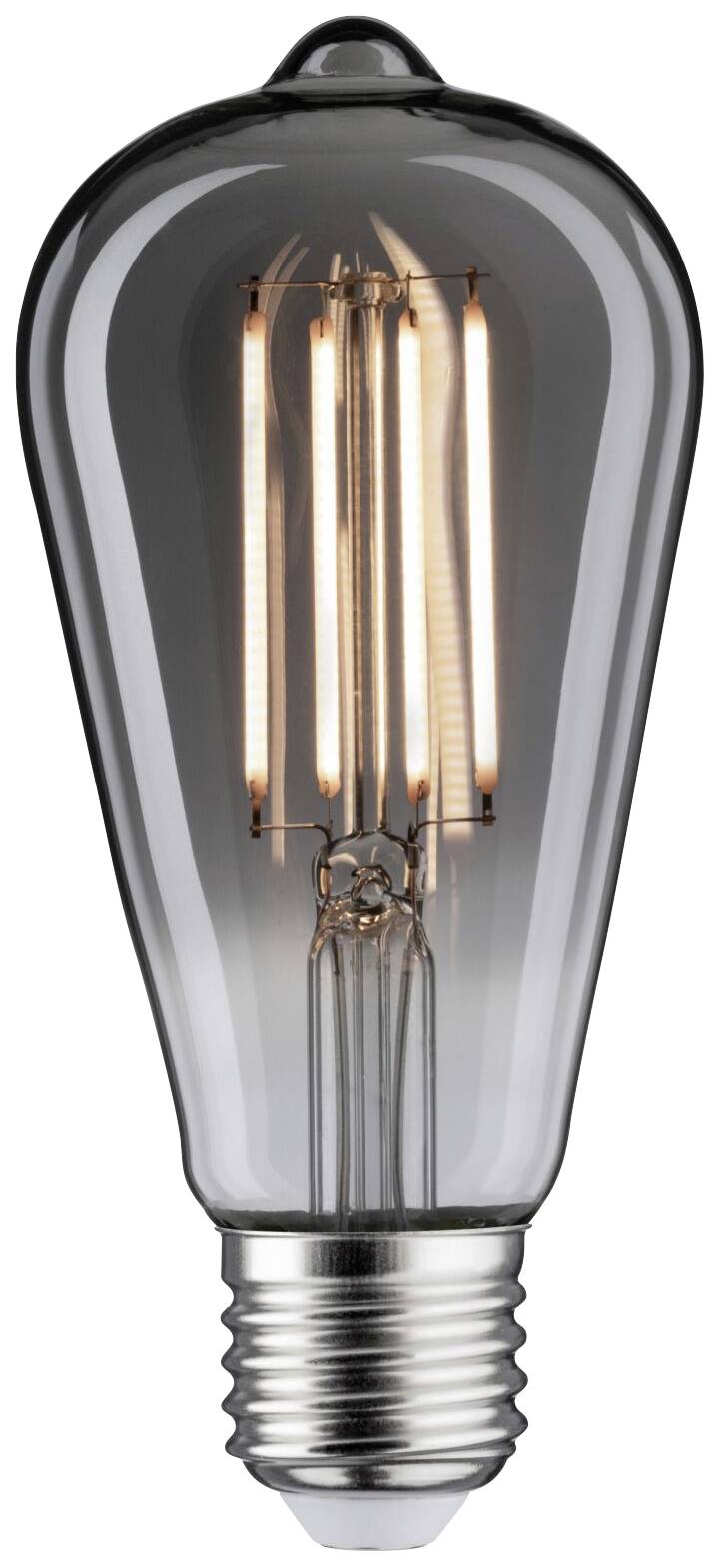 Włączona, klasyczna żarówka z widoczną żarówką, emituje ciepłe światło. Ma kształt kroplowaty i jest przezroczysta.