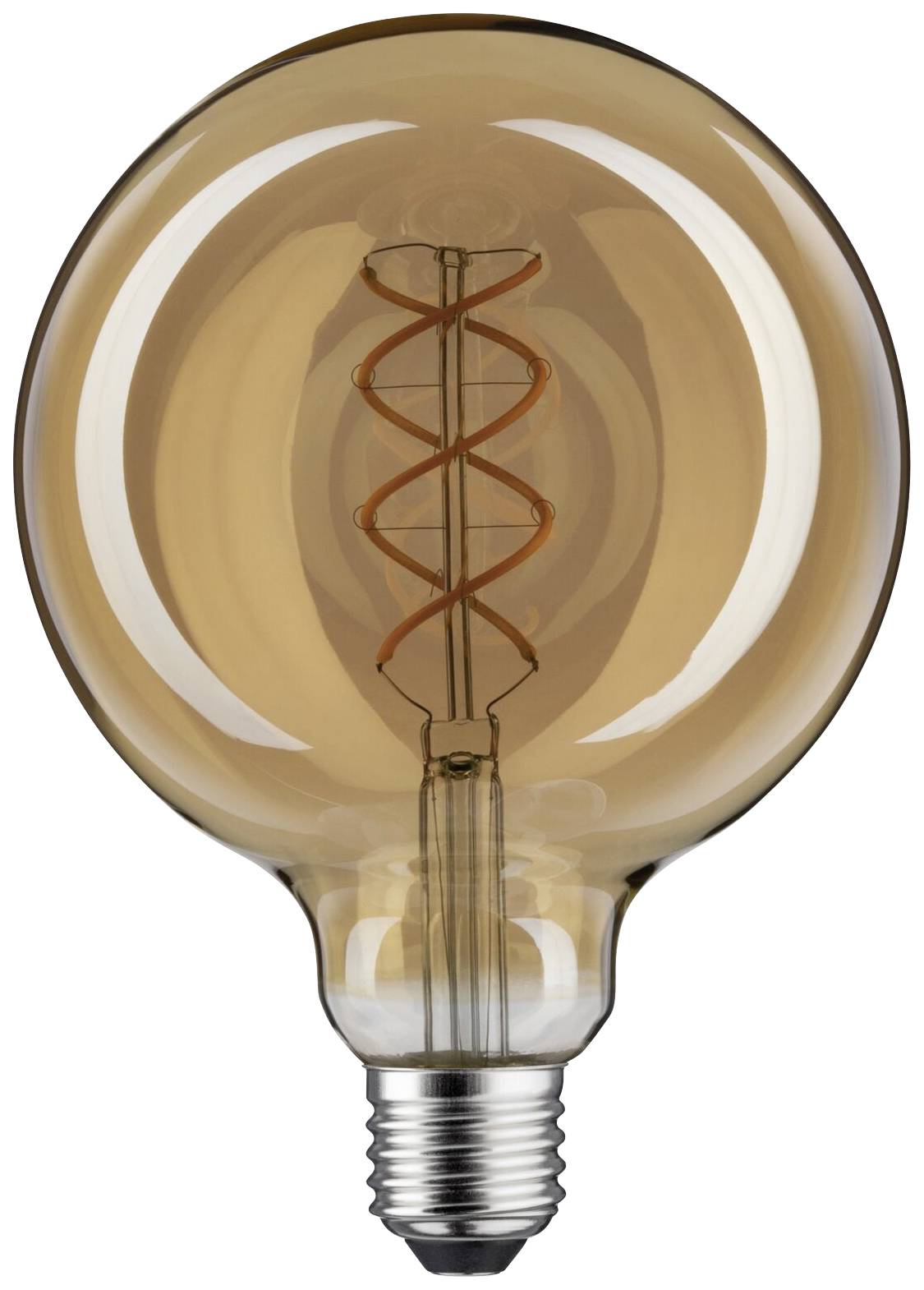 Żarówka z widoczną, spiralnie ukształtowaną żarówką i ciepłym, bursztynowym odcieniem światła.