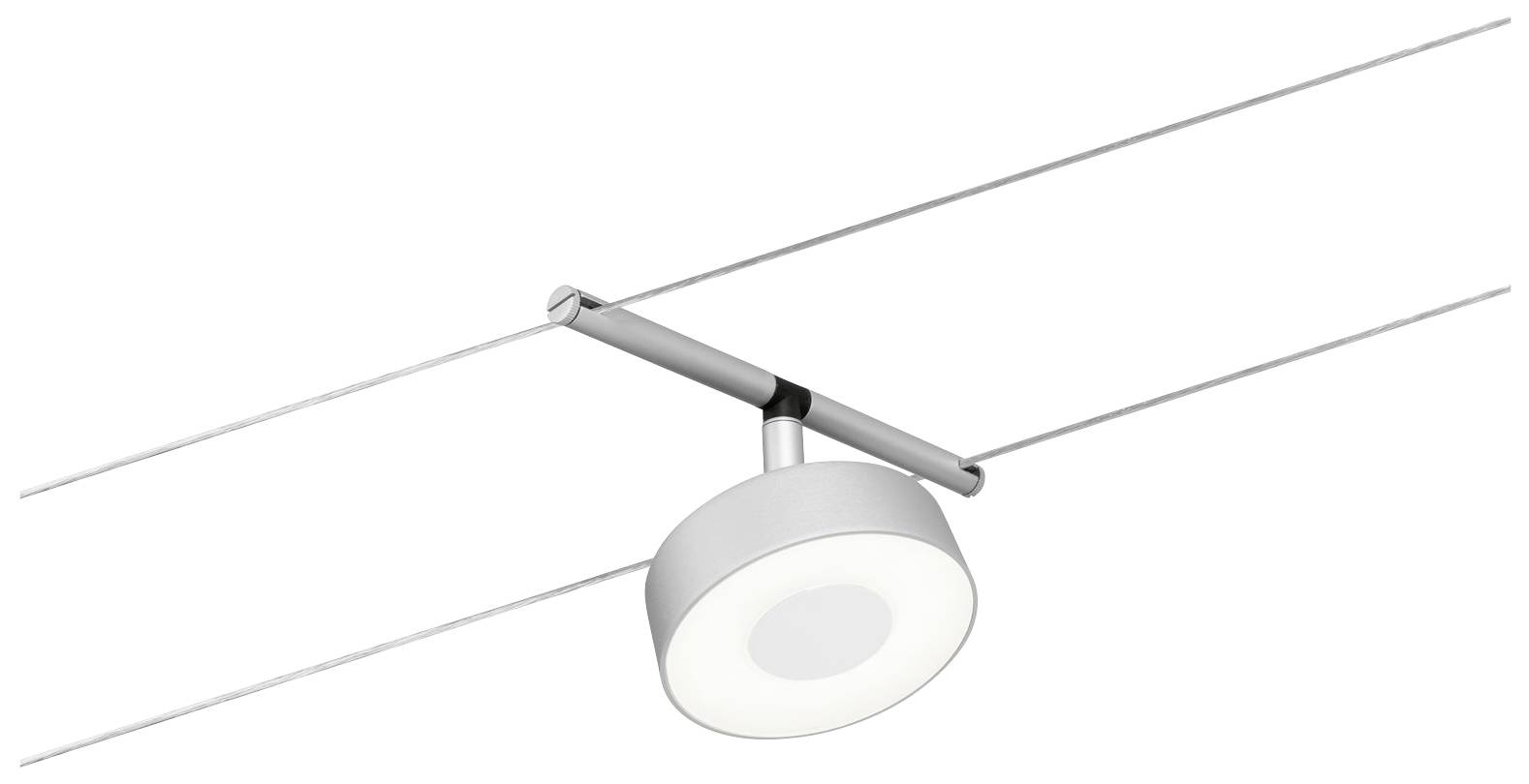 Lampa wisząca na systemie linkowym, okrągła biała lampa o nowoczesnym designie, zawieszona między dwoma cienkimi metalowymi linkami.
