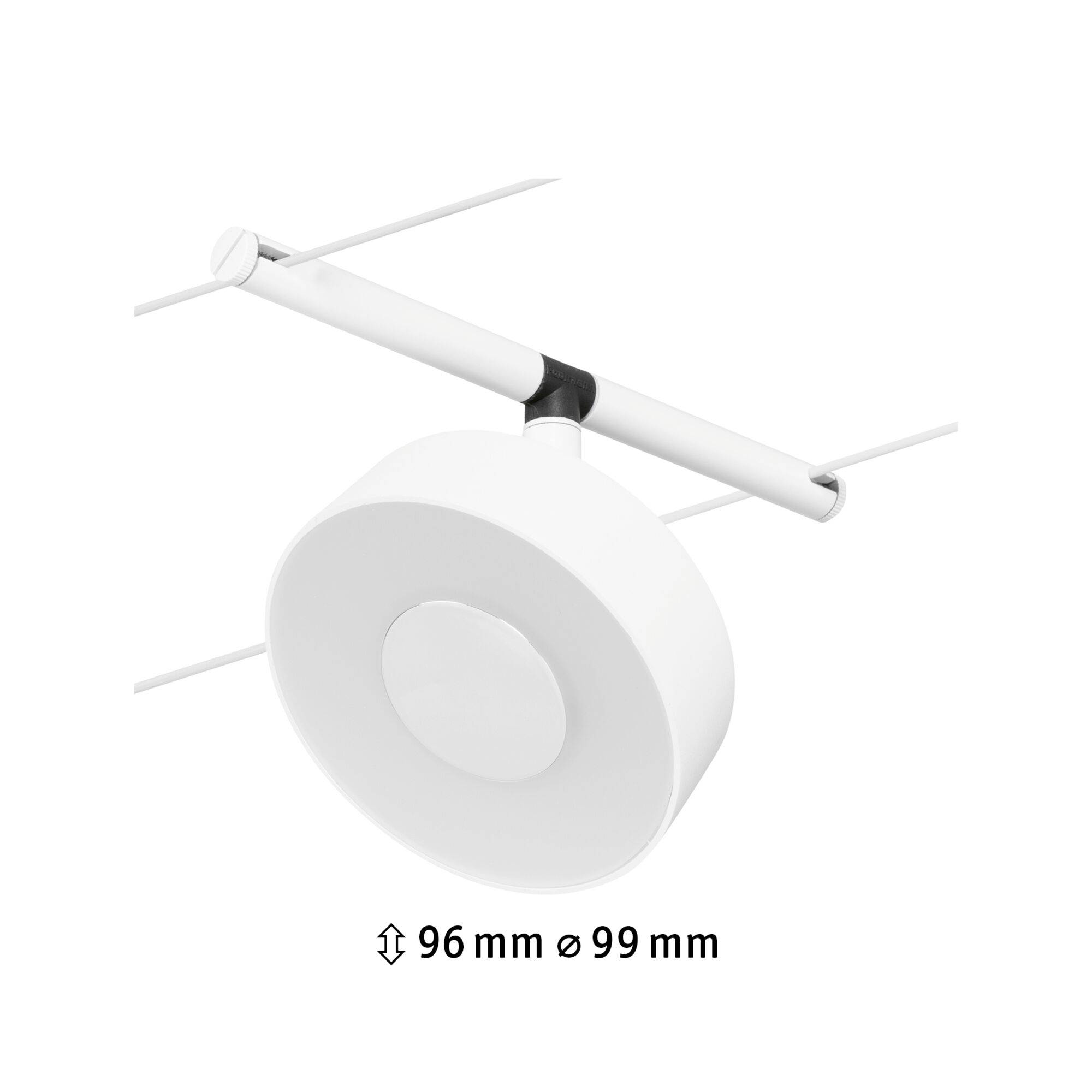 Biała lampa wisząca o wymiarach 96 mm wysokości i 99 mm średnicy, zamontowana na suficie o prostej stylistyce.