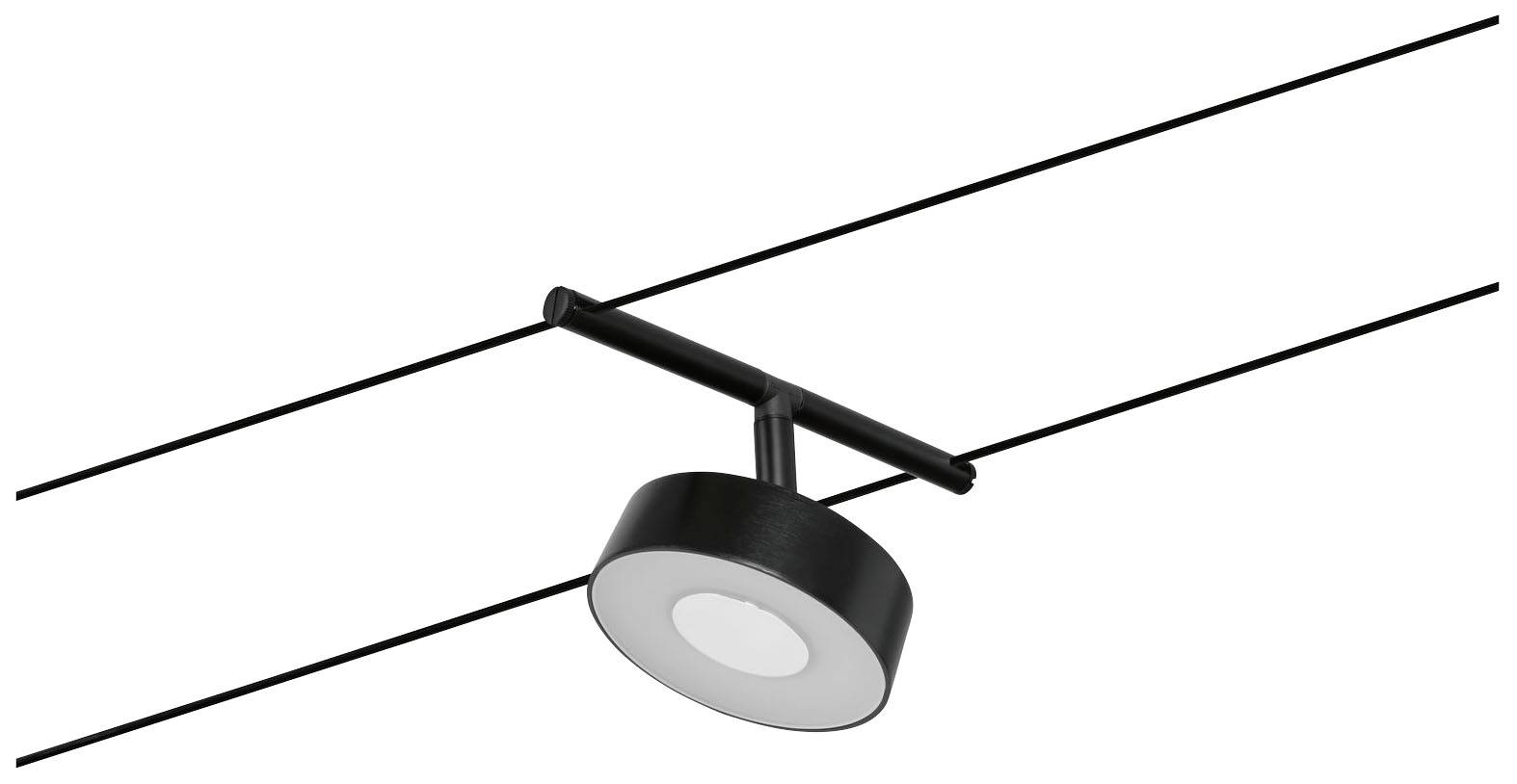 Czarna lampa sufitowa z możliwością regulacji, zawieszona na dwóch równoległych przewodach. Idealna do nowoczesnego oświetlenia wnętrz.