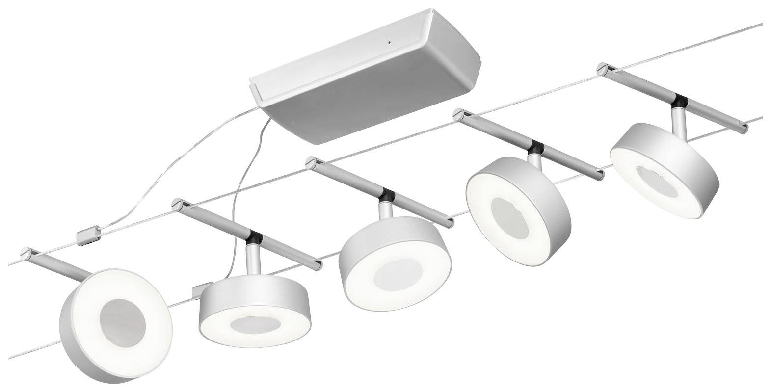 Lampa sufitowa z pięcioma białymi, okrągłymi reflektorami ułożonymi w linii, zamontowana na białej obudowie.