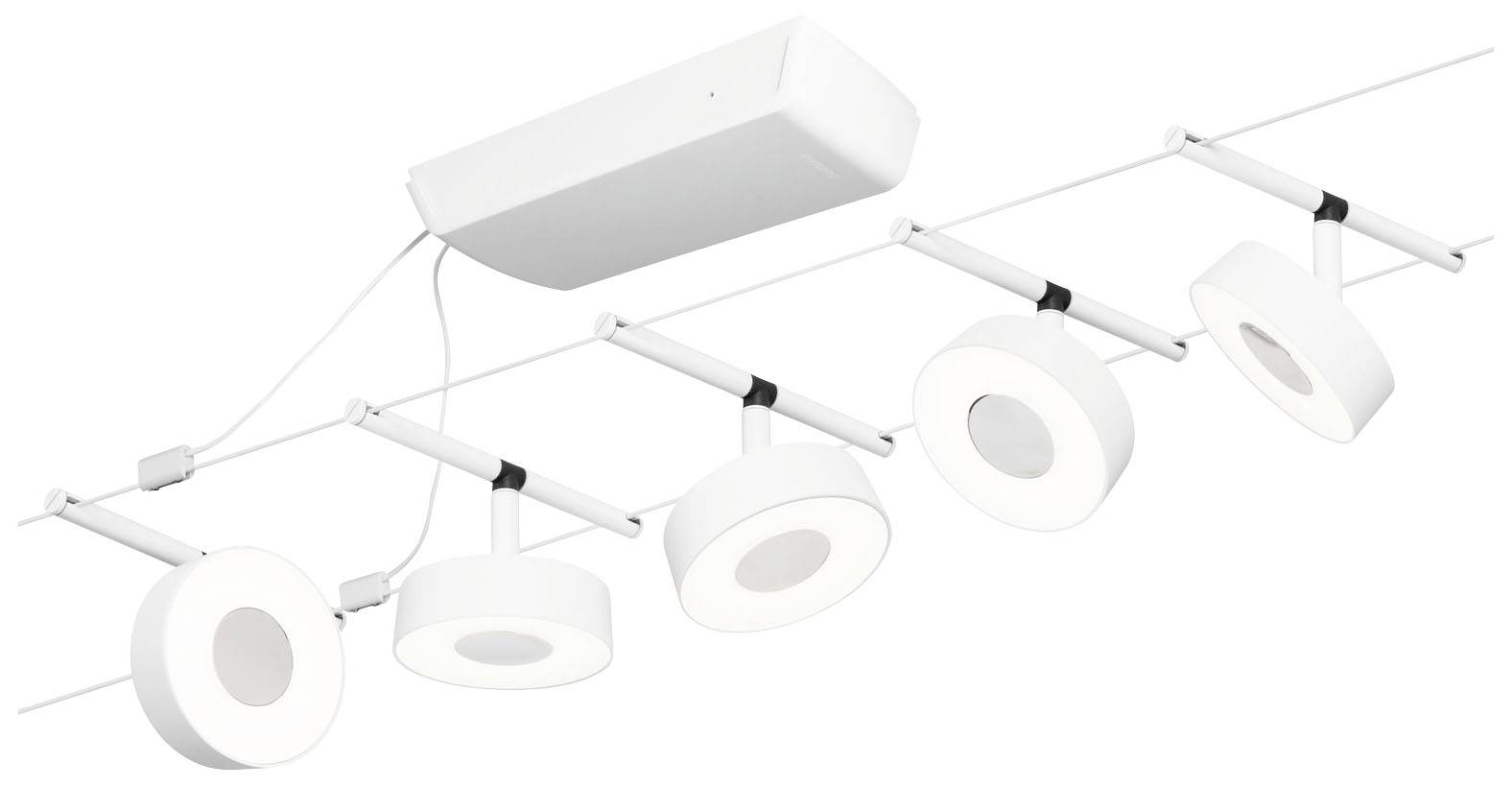 Pięć okrągłych, białych lamp sufitowych ułożonych w prostej linii, z elastycznym systemem mocowania i centralnym modułem łączącym.