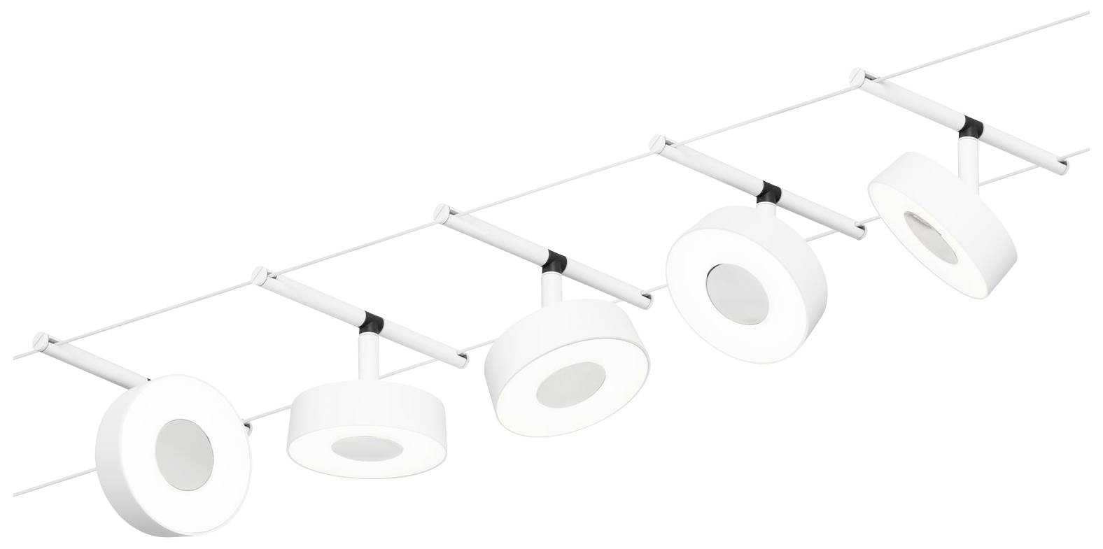 Pięć białych, okrągłych lamp sufitowych zamontowanych w rzędzie na metalowej szynie, nowoczesny design, odpowiedni do pomieszczeń mieszkalnych.