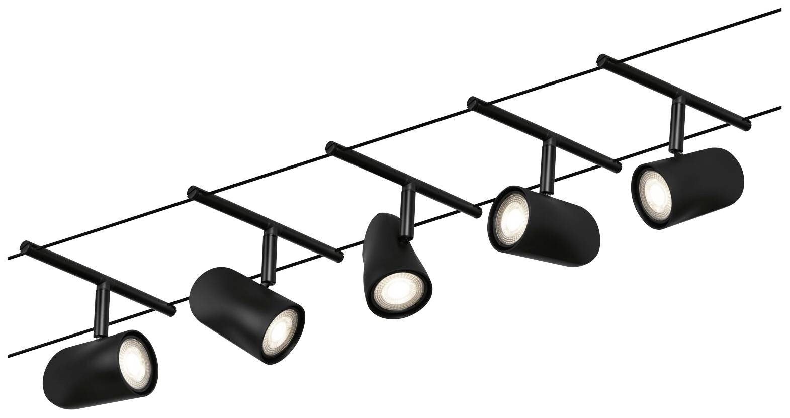 Czarna lampa szynowa z pięcioma regulowanymi lampkami LED. Idealna do precyzyjnego oświetlenia we współczesnych wnętrzach.