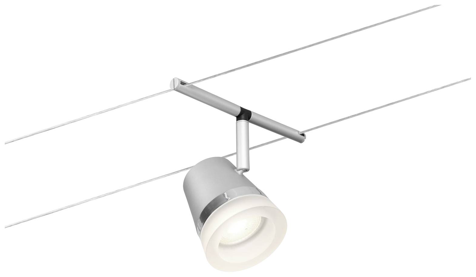 Lampa sufitowa z srebrną obudową i przezroczystą krawędzią, zamontowana na dwóch równoległych przewodach.