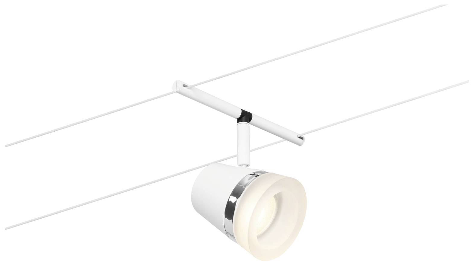 Spot sufitowy na linach, biała obudowa, regulowany, nowoczesny design. Idealny do kierunkowego oświetlenia w pomieszczeniach mieszkalnych.