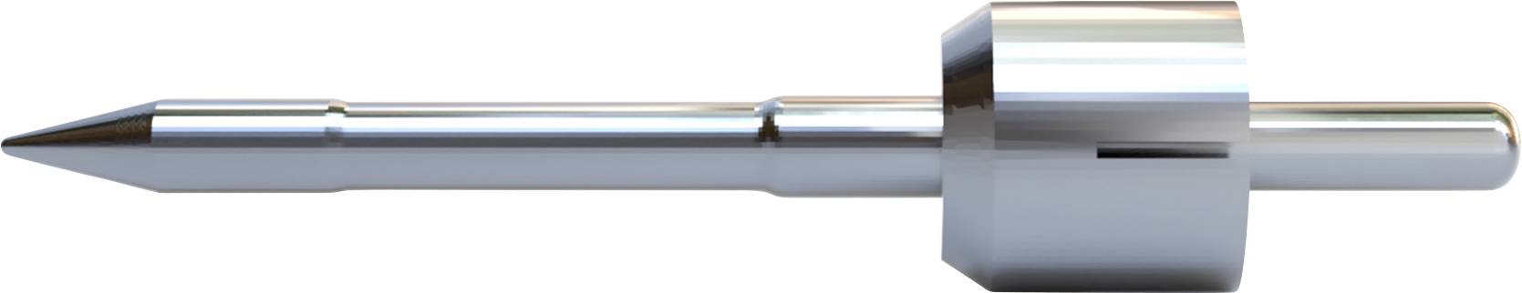Srebrny, metalowy trzpień precyzyjny z czubkiem stożkowym i cylindrycznym uchwytem. Stosowany w zastosowaniach przemysłowych.