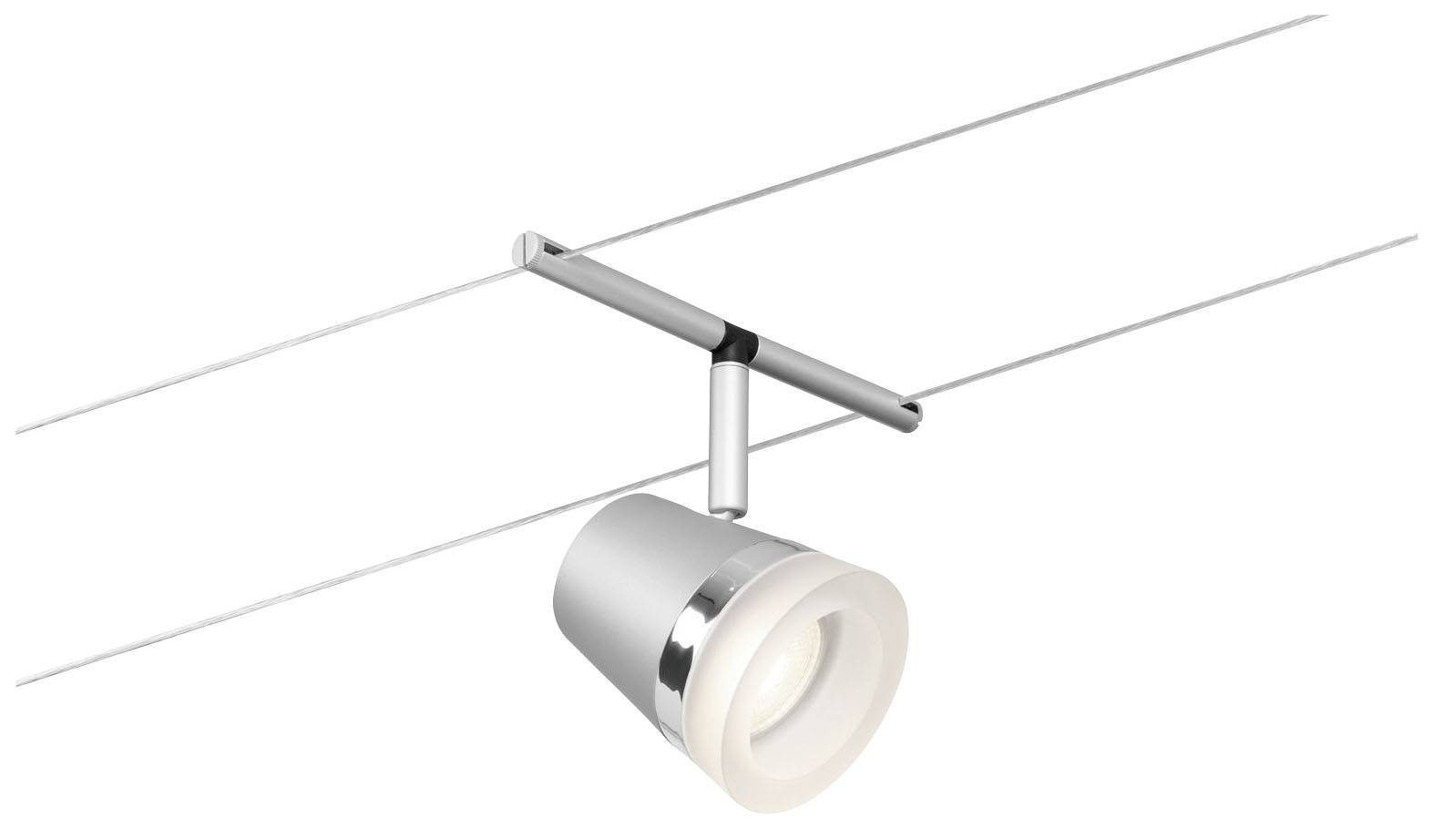 Lampa sufitowa z srebrną metalową obudową i białą szklaną osłoną, zawieszona na linach stalowych, przeznaczona do nowoczesnego oświetlenia.