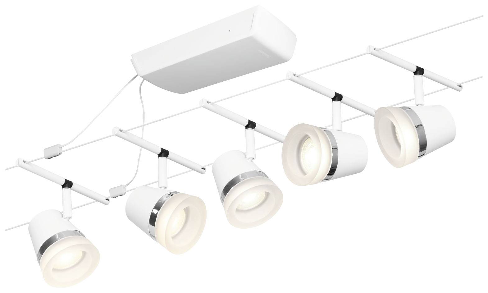 Biała lampa sufitowa o pięciu ramionach z obrotowymi reflektorami w nowoczesnym stylu, zamontowana na wsporniku do kierunkowego oświetlenia.