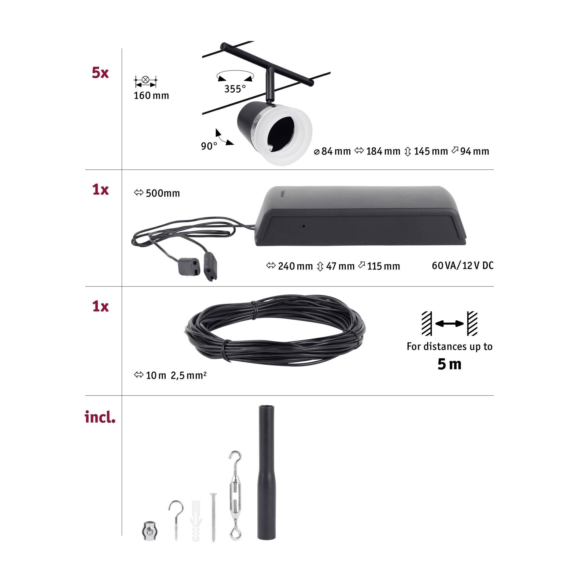 'System szynowe LED z 5 reflektorami LED, regulowanymi do 355°, wraz z transformatorem i 10-metrowym przewodem łączącym, umożliwiającym podłączenie do 5 m.'