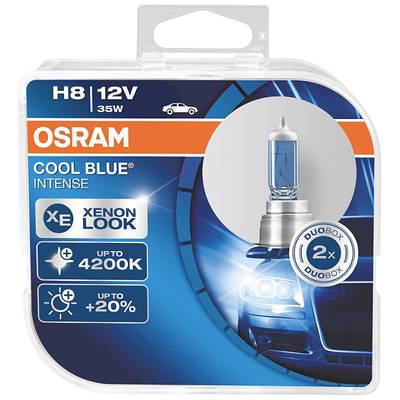 Żarówka Osram Xenon-Look do samochodu w niebiesko-granatowym opakowaniu, model H8 12V 35W, oferuje do 4200K i 20% większą wydajność świetlną.