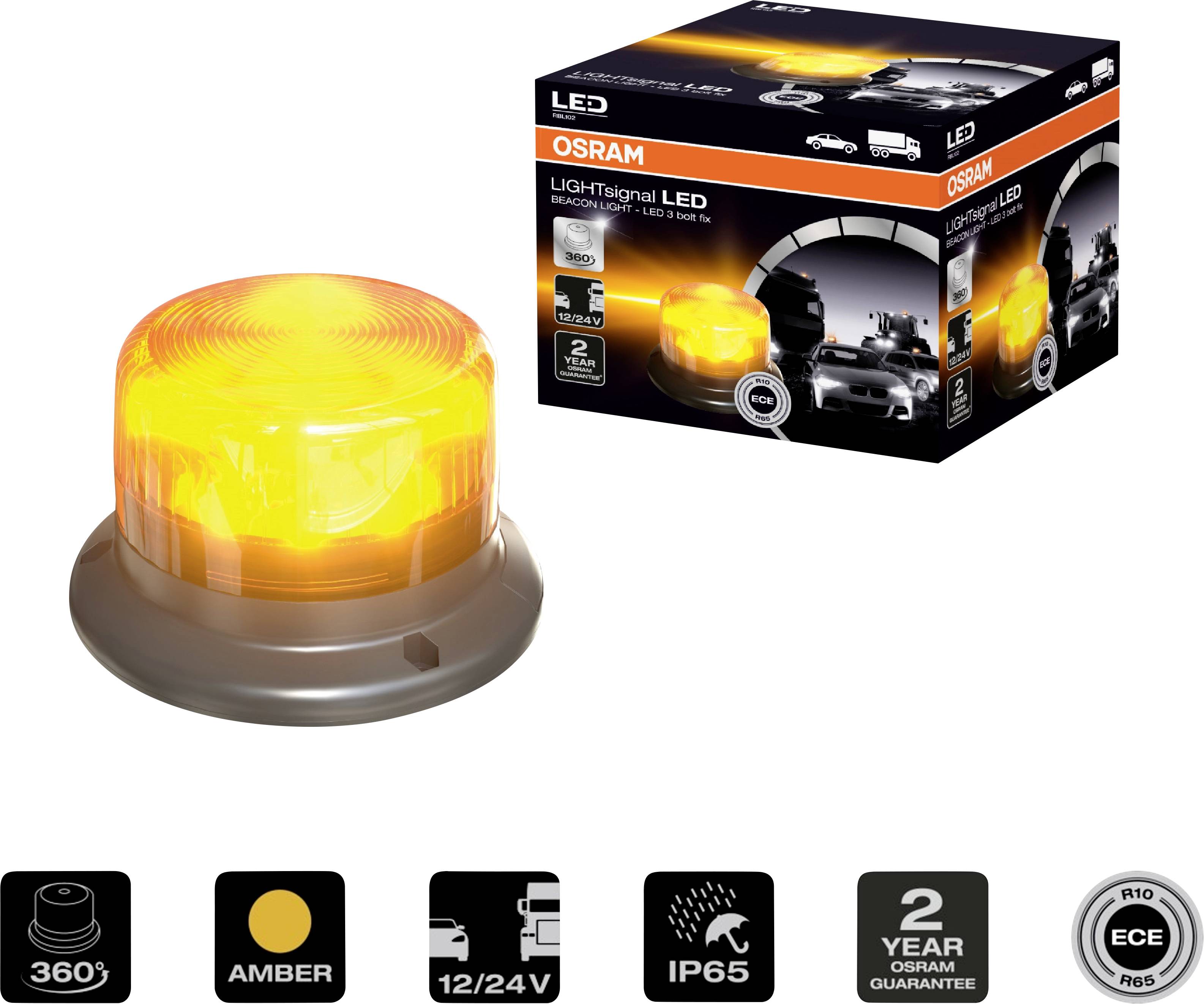 Ostrzegawcza lampa LED 'LIGHTsignal LED' firmy Osram: Żółta, widoczność 360°, kompatybilna z napięciem 12/24V, IP65, 2 lata gwarancji. Opakowanie prezentuje lampę podczas pracy.