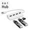 Biały hub USB z czterema portami i trzema pendrivami. Tekst: '4 w 1 Hub'. Odpowiedni do podłączenia wielu urządzeń.