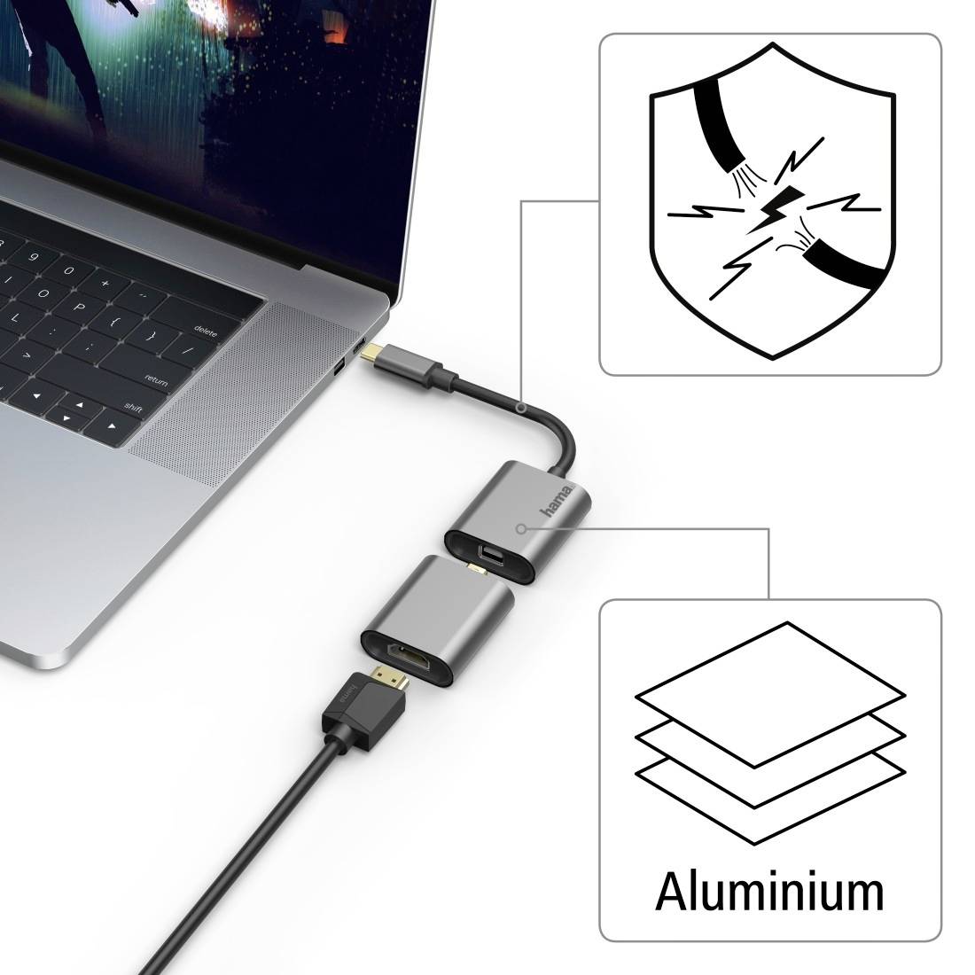 '6-w-1 adapter z USB-C, Mini DisplayPort, HDMI i VGA. Umożliwia wielostronne podłączenie różnych urządzeń.'