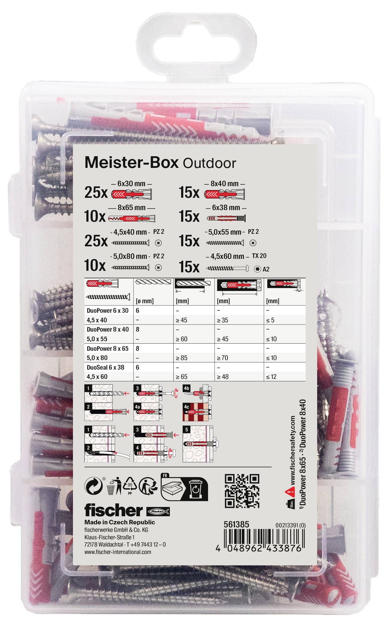 Skrzynka majsterkowicza Outdoor z kołkami i śrubami w różnych rozmiarach do zastosowań zewnętrznych. Zawiera tabelę poglądową specyfikacji.
