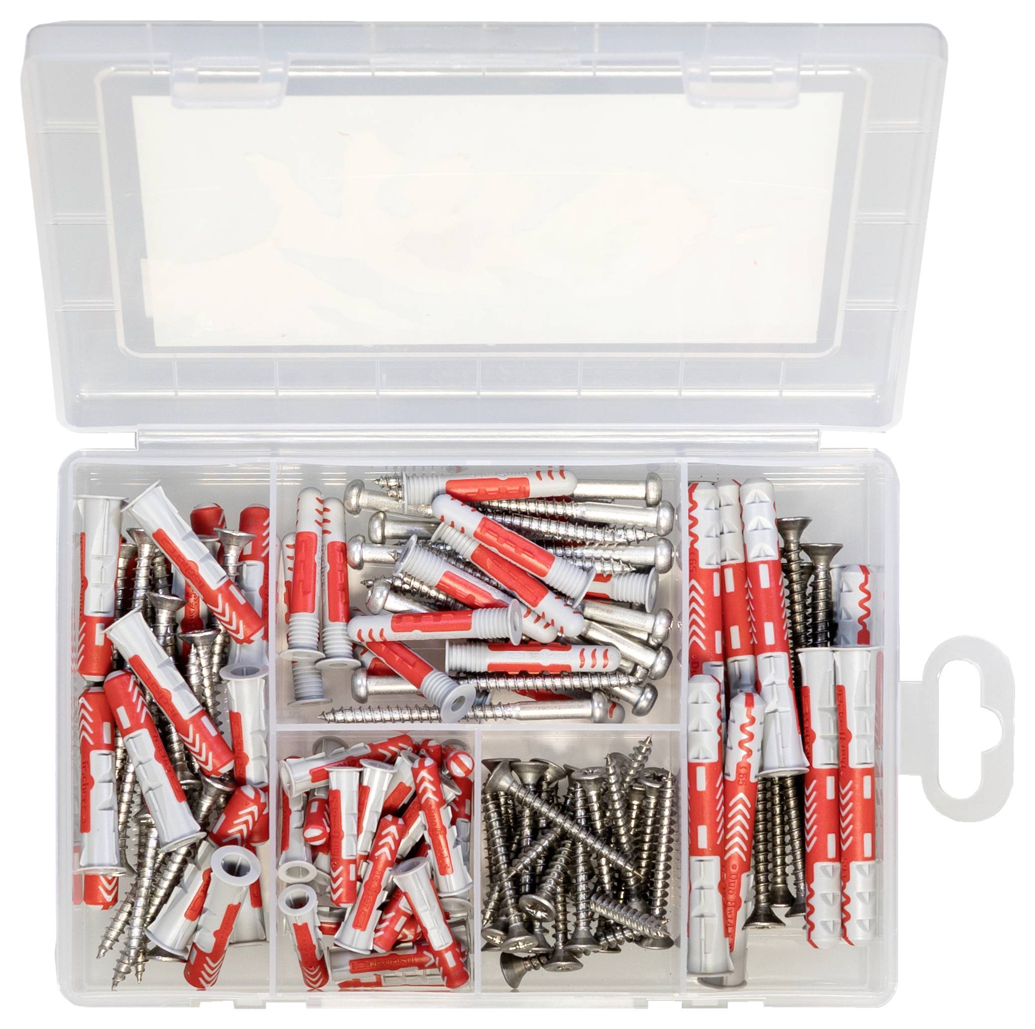 Plastikowy pojemnik z różnymi kołkami i śrubami w oddzielnych przegródkach. Zawiera czerwone i białe kołki oraz srebrne śruby.