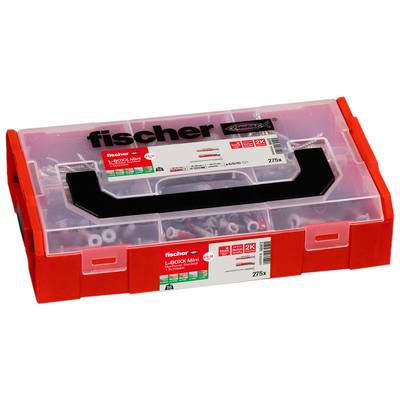 Czerwona plastikowa walizka organizacyjna Fischer L-BOXX Mini z przezroczystą pokrywą, czarnym uchwytem i etykietą pokazującą różne złączenia i 275 sztuk.