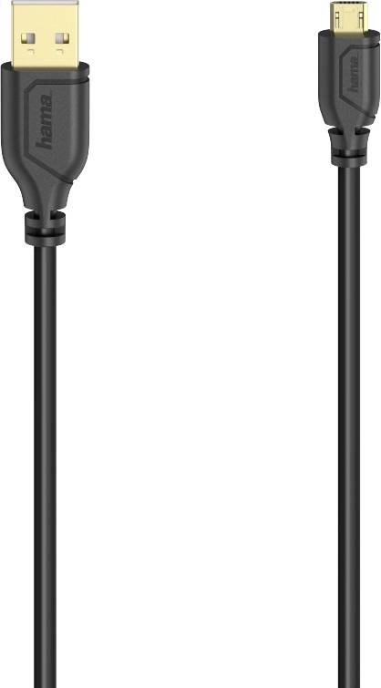 Czarny kabel USB ze standardowym złączem USB po lewej stronie i złączem Micro-USB po prawej stronie, oba oznaczone logo 'hama'.
