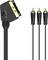 Adapter kablowy SCART na Cinch, używany do łączenia urządzeń audio-wideo. Adapter jest oznaczony napisami 'In' i 'Out'.