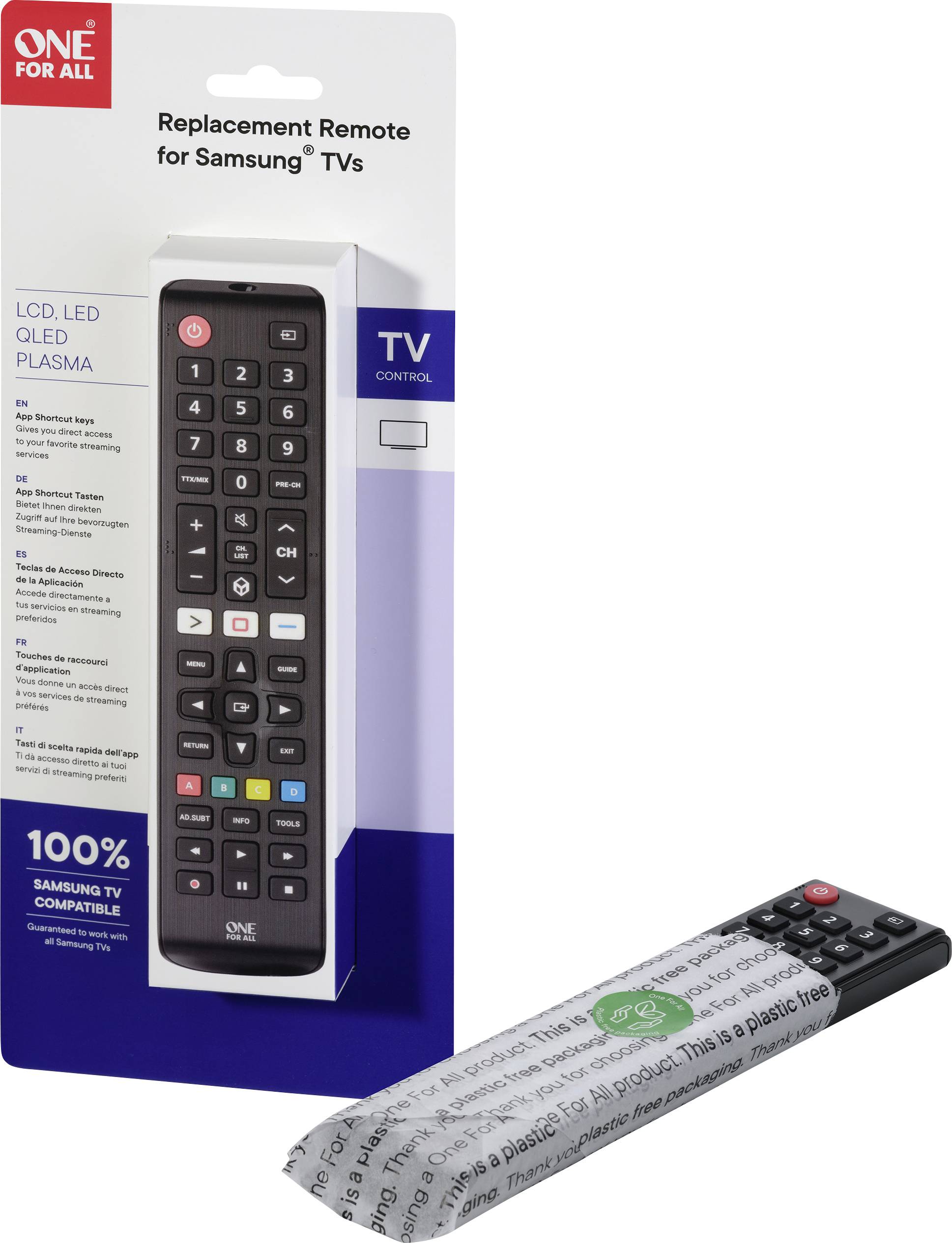 Zamiennik pilota do telewizorów Samsung w opakowaniu z przyciskami kompatybilnymi z ekranami LCD, LED, QLED, plazma oraz w 100% zgodny z telewizorami Samsung.