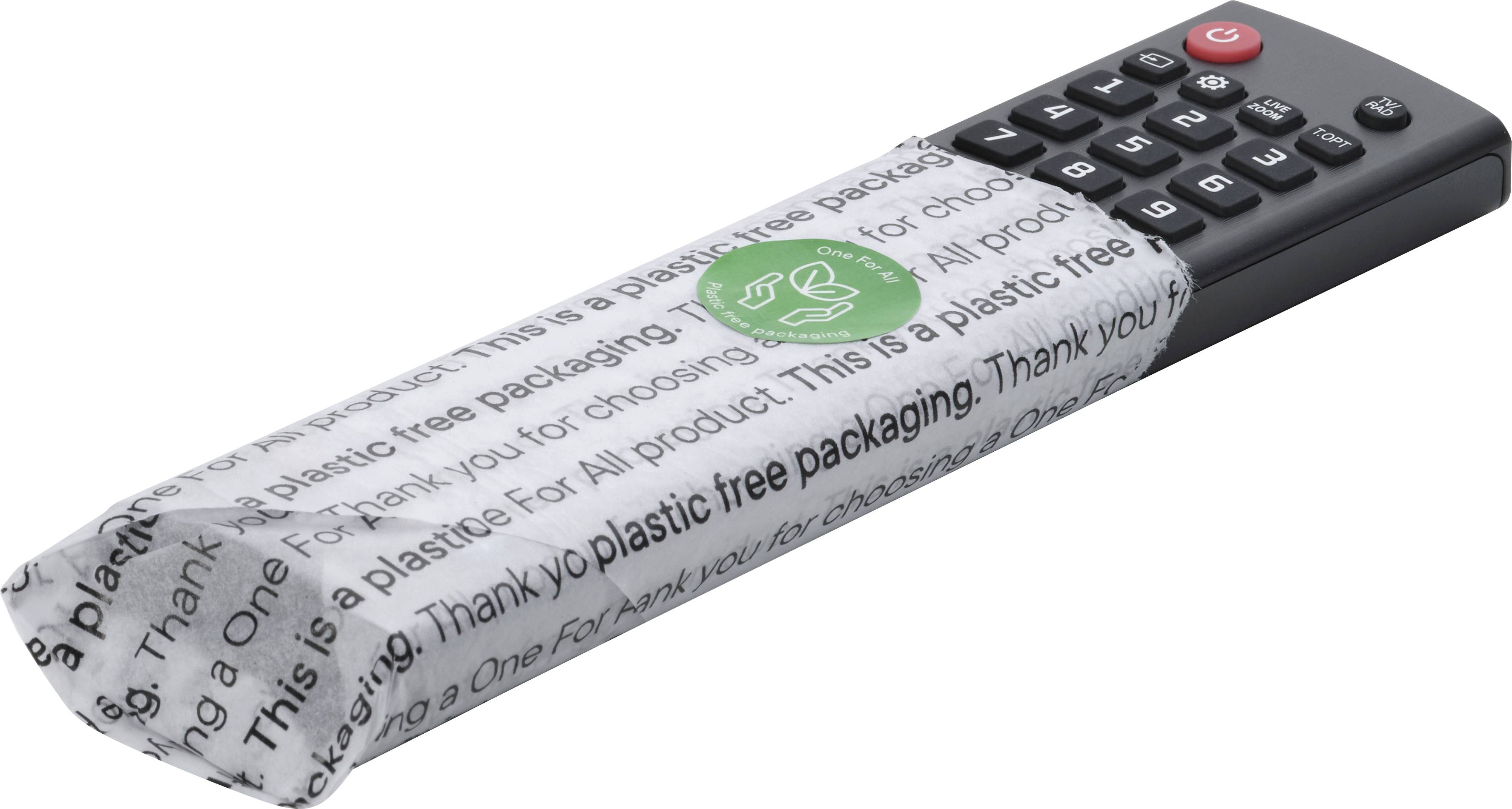 Pilot zdalnego sterowania zapakowany w opakowanie wolne od plastiku, z zieloną grafiką symbolizującą recykling. Tekst na opakowaniu: 'Dziękujemy, że wybrali Państwo opakowanie wolne od plastiku'.