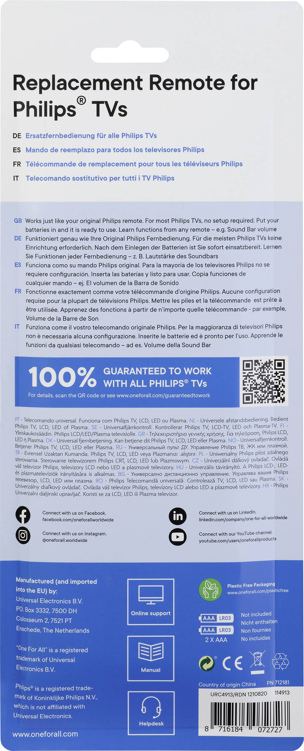 Zamiennik pilota do telewizorów Philips w niebieskim opakowaniu. Zawiera gwarancję kompatybilności oraz szczegóły techniczne.