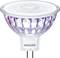 Lampa LED firmy Philips w kształcie spotu, typowa dla oświetlenia sufitowego. Posiada przezroczystą obudowę i oprawkę GU5.3.