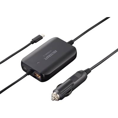 Czarna ładowarka samochodowa z portami USB i USB-C oraz adapterem do gniazda zapalniczki, przydatna do ładowania urządzeń elektronicznych.