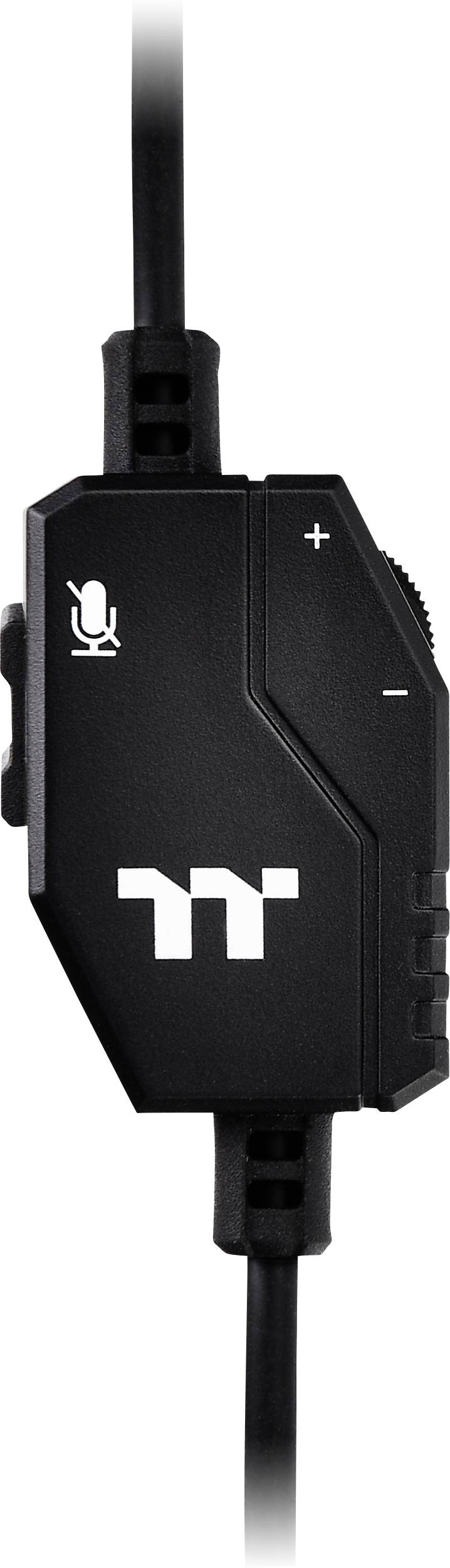 Przewodowy pilot zintegrowany ze słuchawkami, z symbolem mikrofonu do wyciszania oraz przyciskami głośności '+' i '-' na czarnej obudowie.