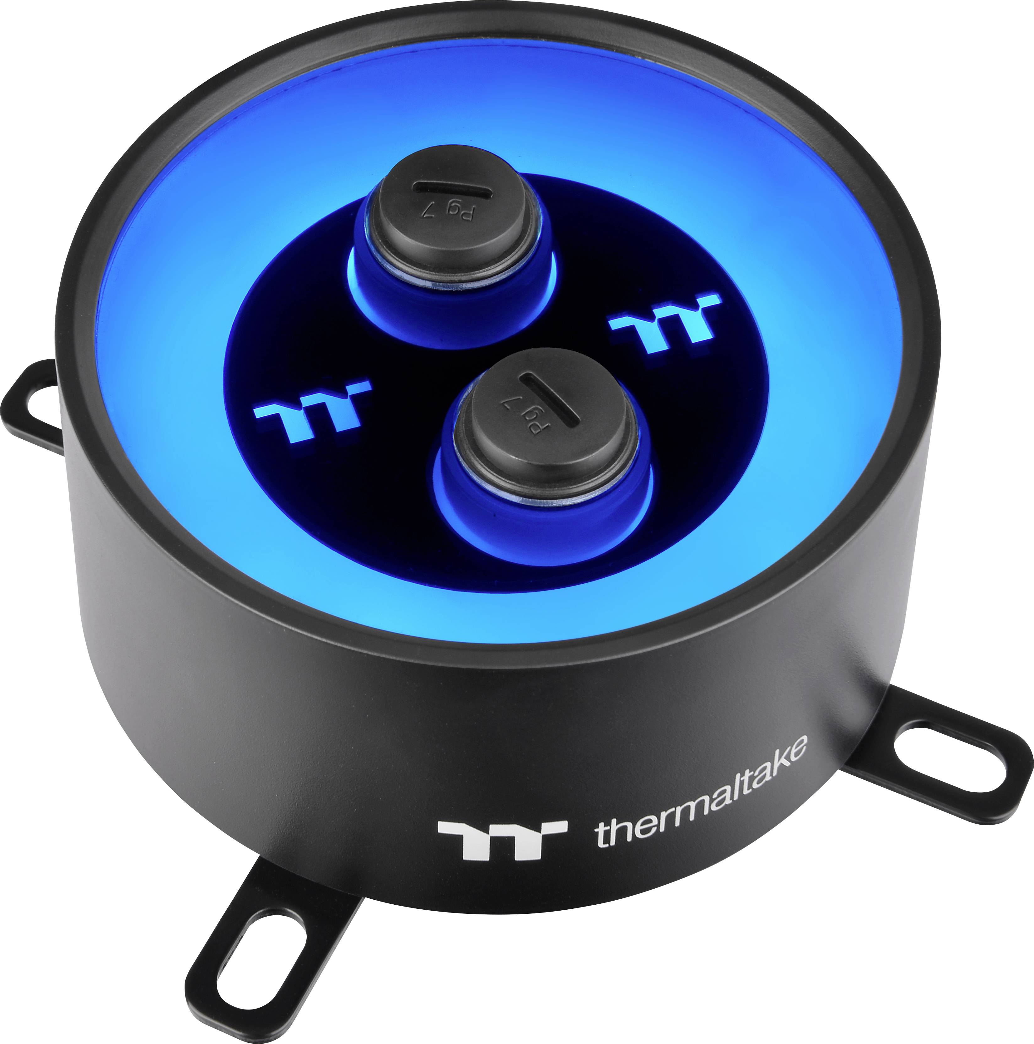 'Okrągłe czarne urządzenie chłodzące z niebieskim podświetleniem LED, dwoma złączami i logo Thermaltake.'