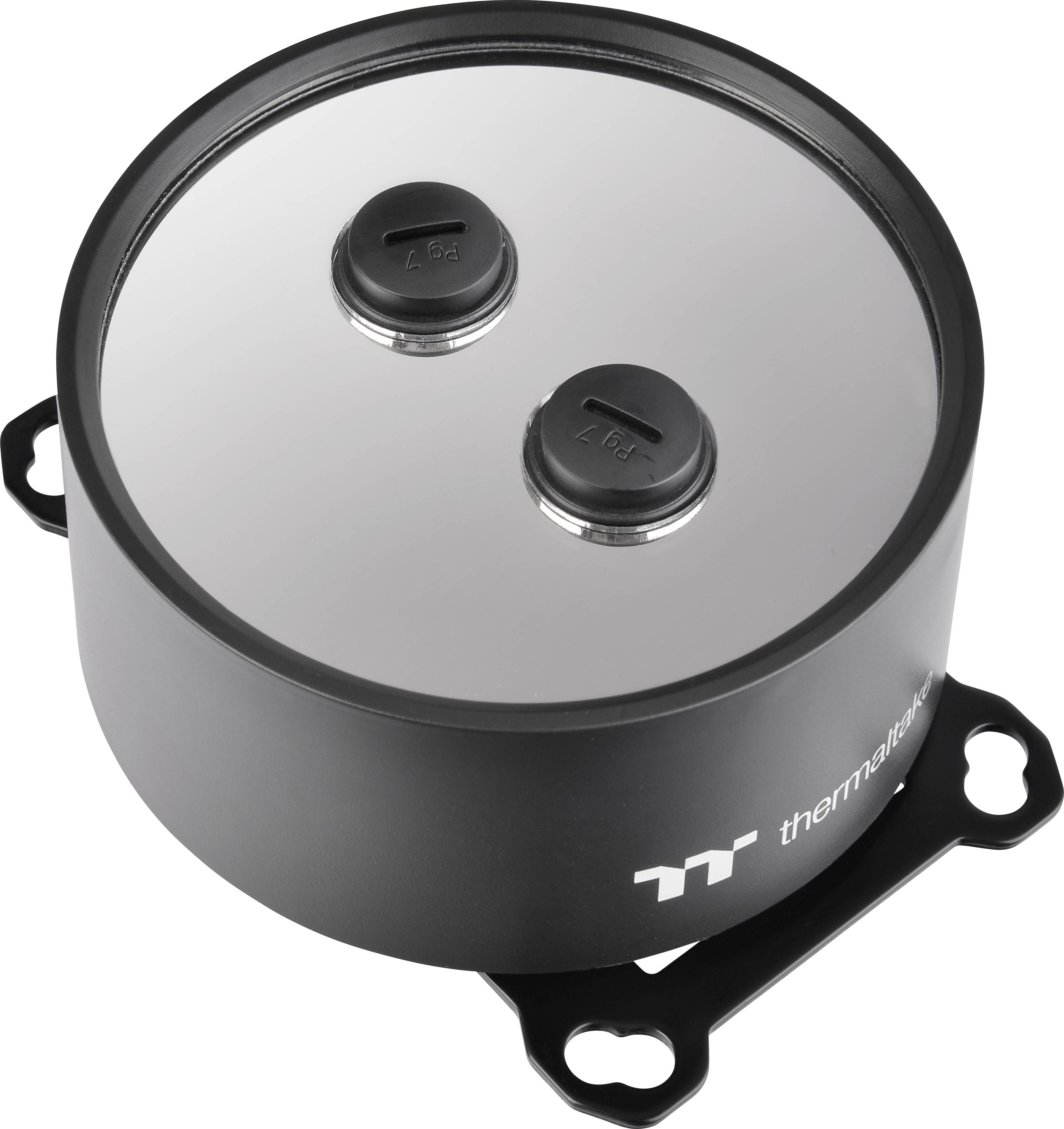 Okrągły czarny blok wodny z przezroczystą pokrywą i dwoma przyłączami, oznaczonymi jako 'In' i 'Out', przeznaczony do chłodzenia cieczy.