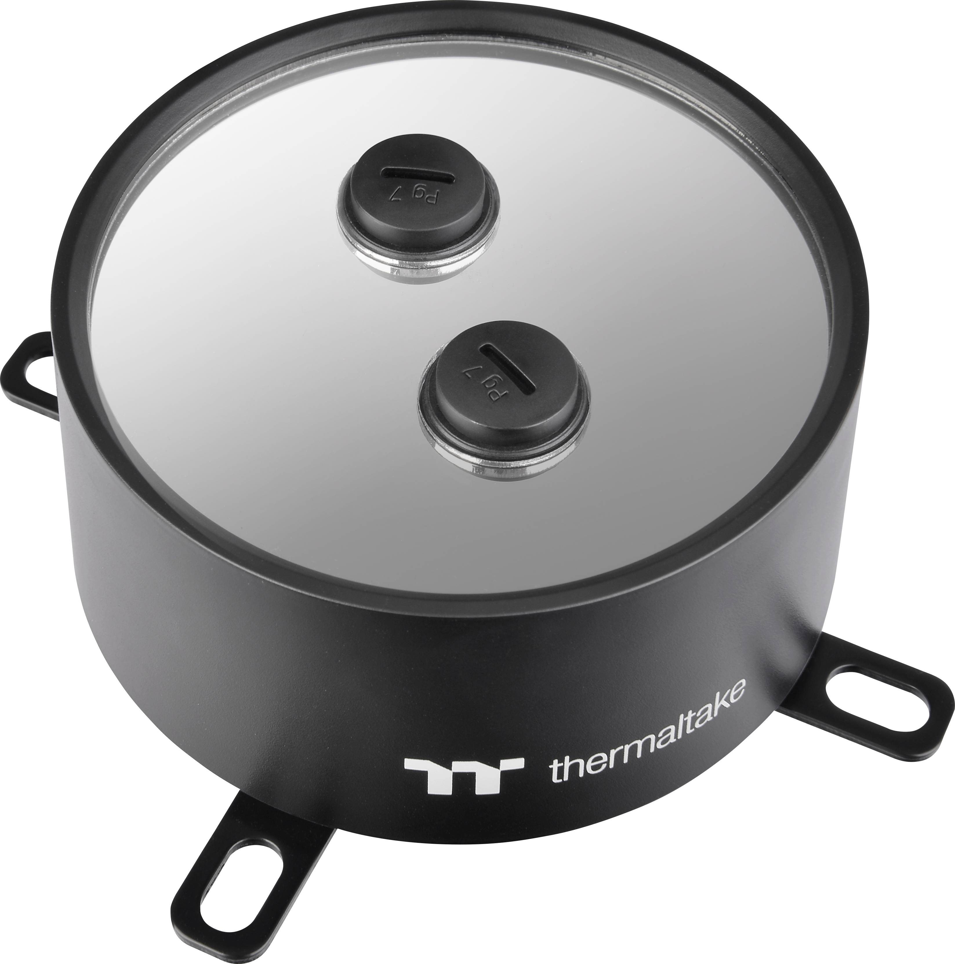 Czarna, okrągła pompa wodna Thermaltake z dwoma przyłączami na górze, logo marki z boku.