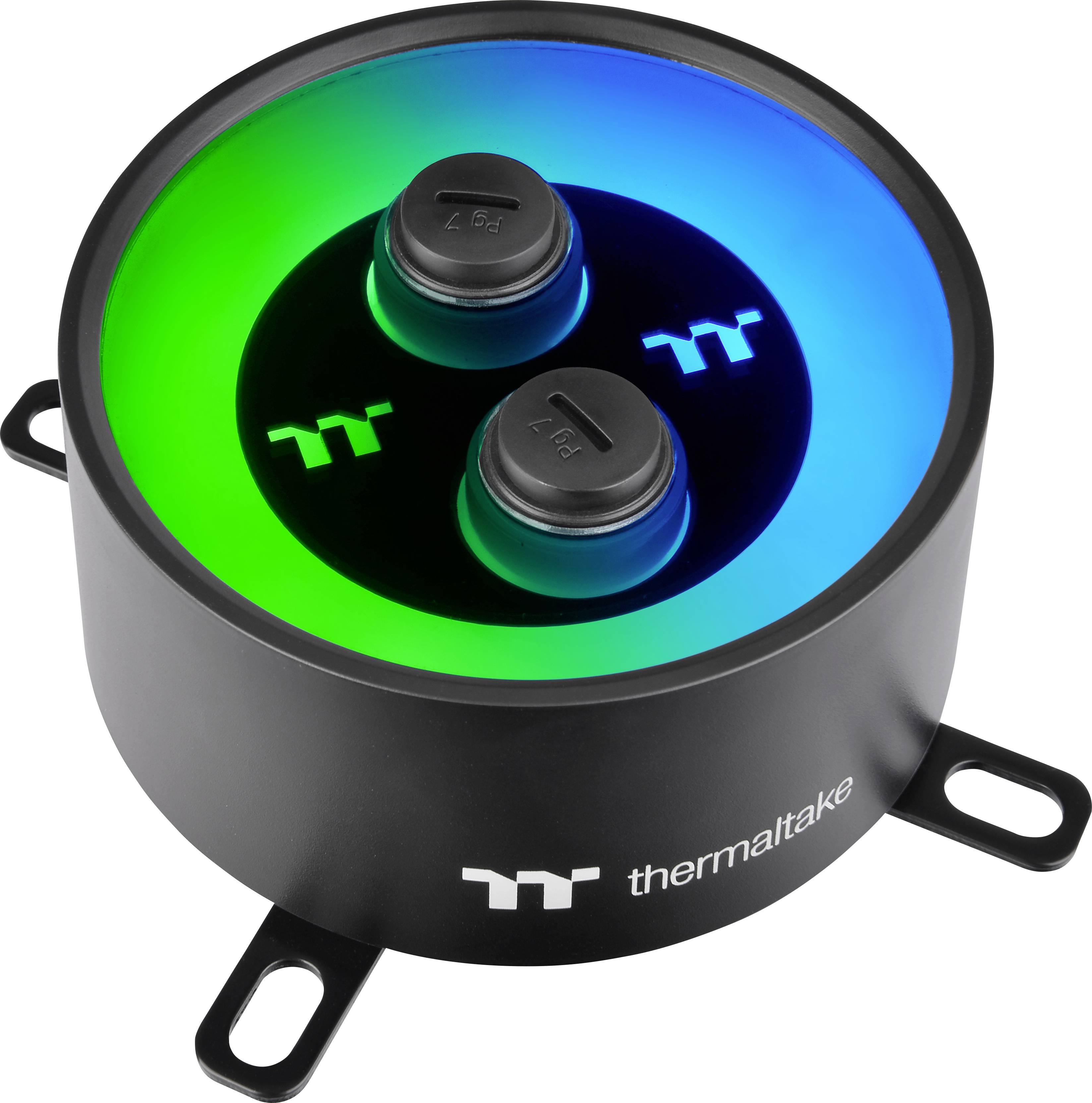 Urządzenie chłodzące z podświetleniem diodami LED w kolorach niebieskim i zielonym, oznaczone logo Thermaltake.