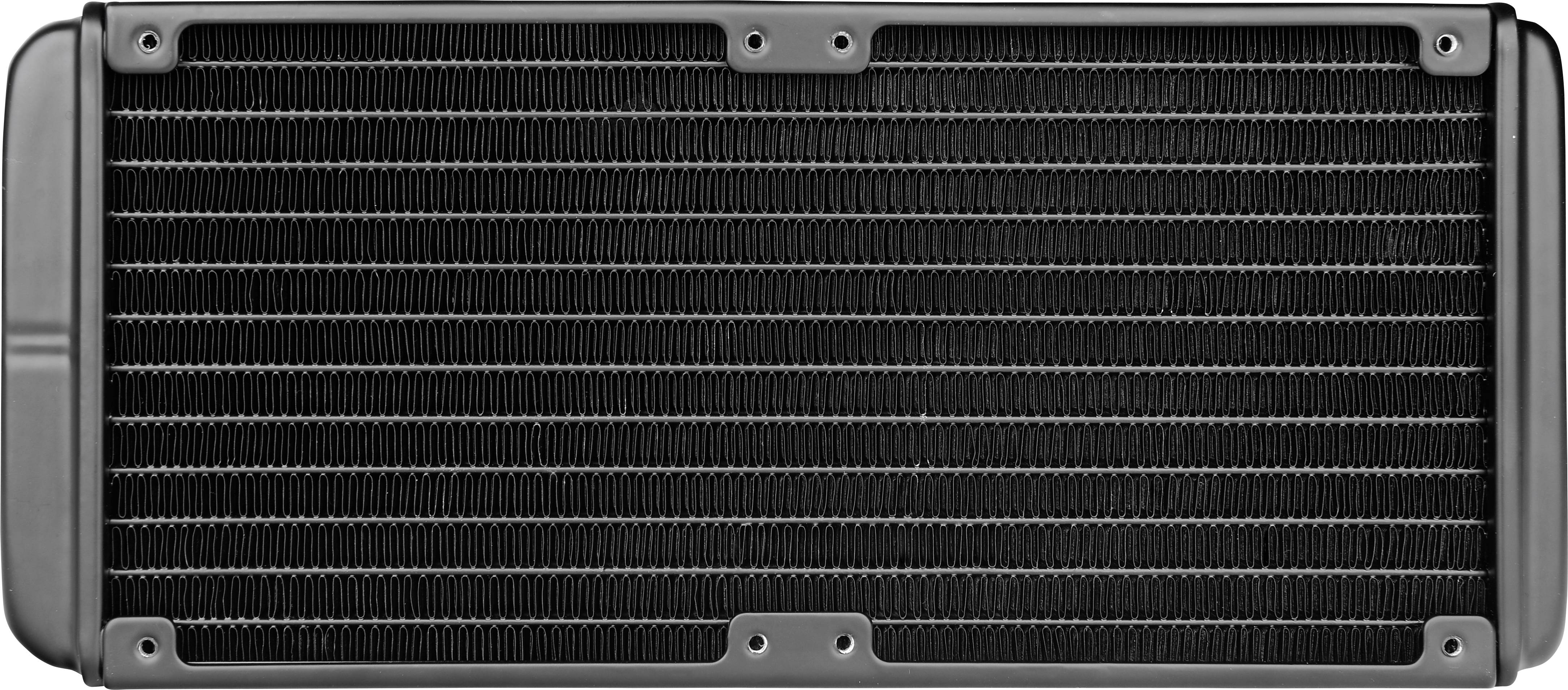 Czarny radiator komputerowy z aluminiowymi żeberkami w kształcie prostokąta, z bocznymi metalowymi ramkami.