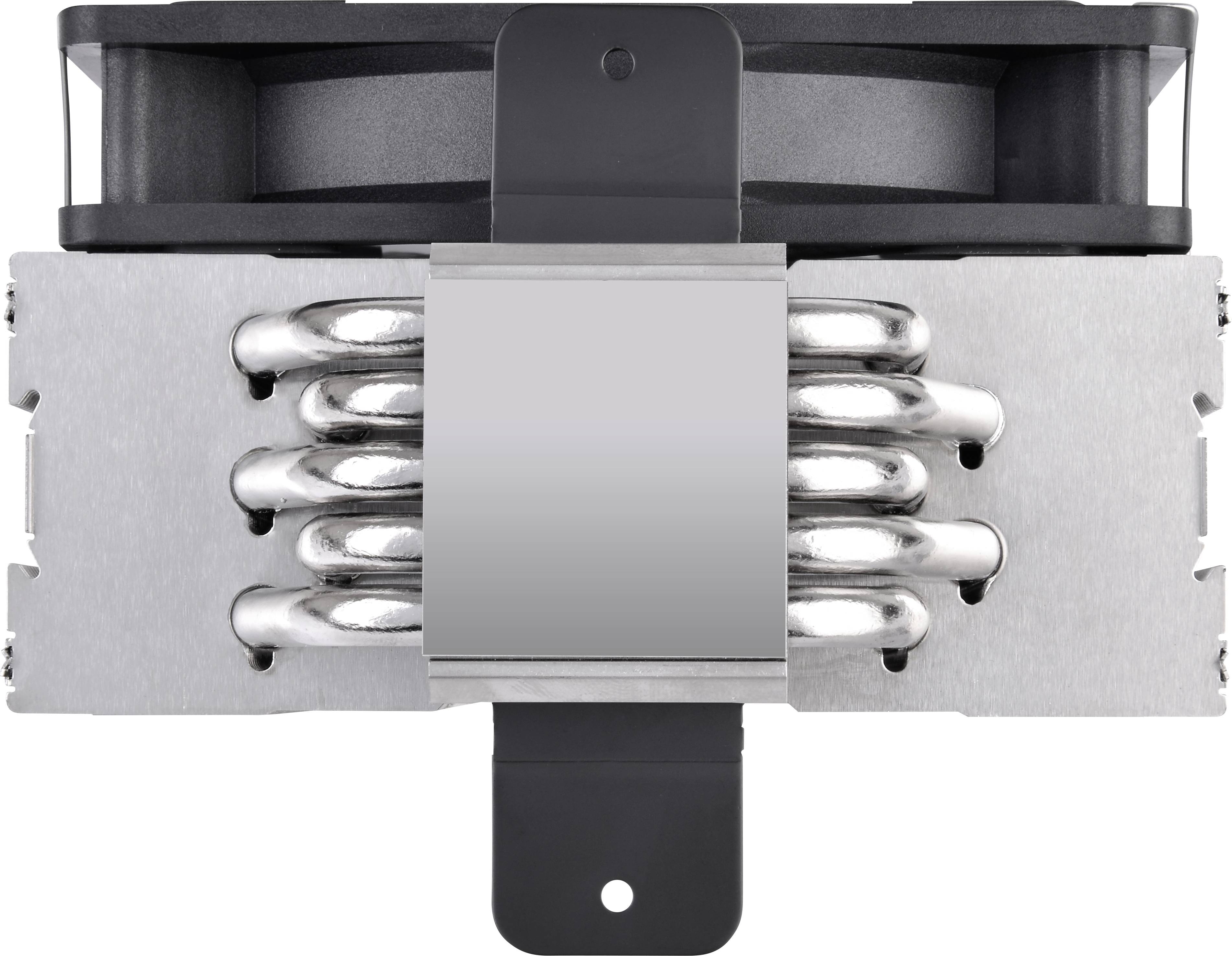 Metalowy radiator procesora z czterema chromowanymi ciepłowodami i zamontowanym wentylatorem do chłodzenia podzespołów elektronicznych.