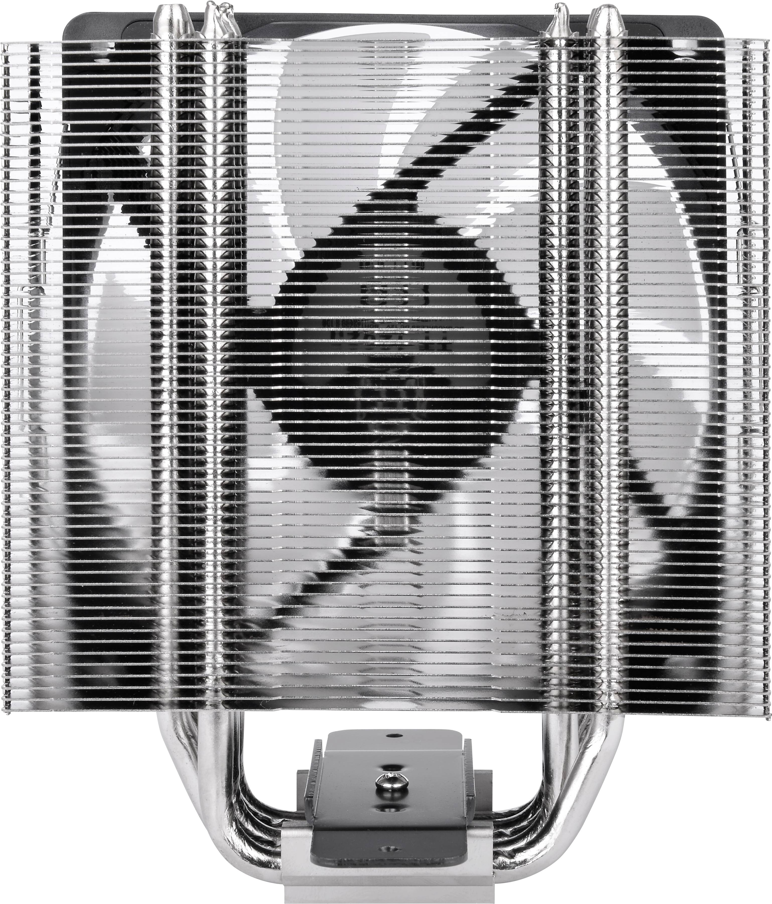 Duży radiator z wieloma aluminiowymi żeberkami i centralnym wentylatorem do chłodzenia wewnątrz obudowy komputera.