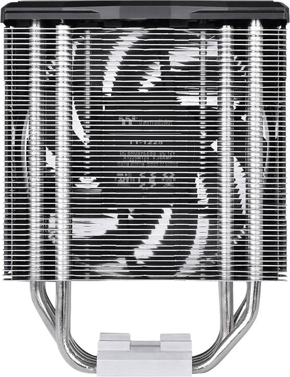 Radiator procesora z pionowymi metalowymi żeberkami i srebrzonymi przewodami cieplnymi, służący do chłodzenia i odprowadzania ciepła w komputerach.